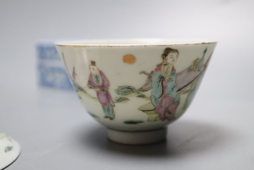 A pair of Chinese famille rose bowls and covers, late 19th century, a blue and white box and cover, 11cm and an eggshell bowl, 8cm